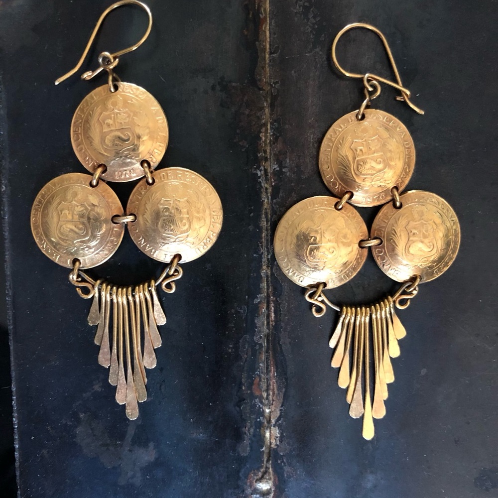 Peruvian Gold Coin Fringe Drop Earrings